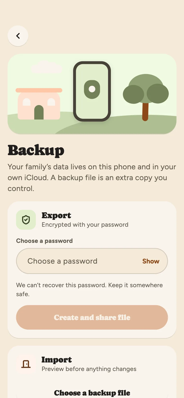 Rahmly screen: Encrypted backup