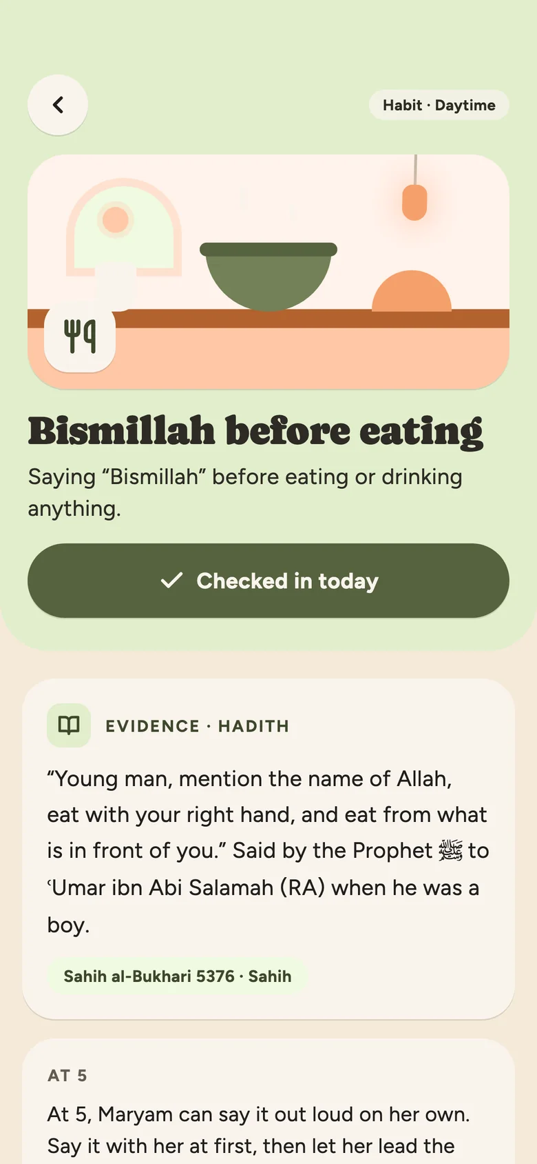 Rahmly Habit detail: Bismillah before eating, Checked in today, and an Evidence card quoting the hadith with the reference Sahih al-Bukhari 5376, Sahih