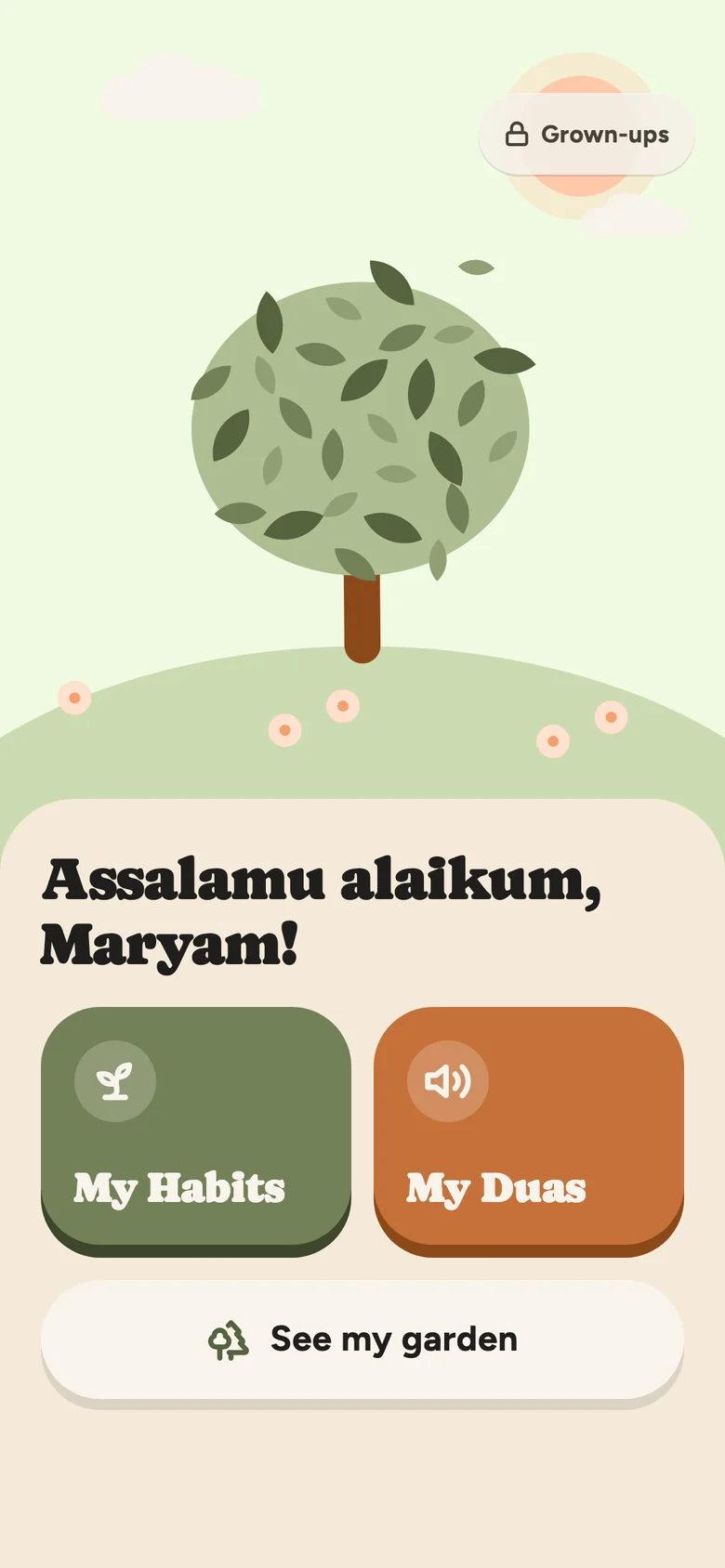 Child Mode: Assalamu alaikum, Maryam! with her garden behind and two big buttons, My Habits and My Duas