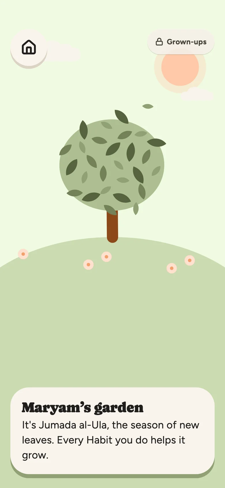 Child Mode garden: a young tree full of leaves on a green hill, with the caption Yusuf’s garden
