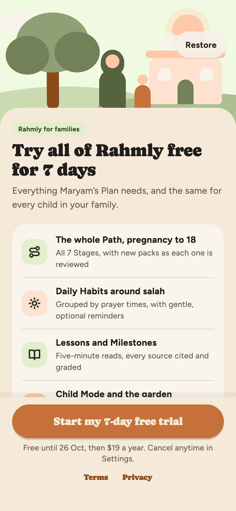 Rahmly screen: Yearly, with a 7-day free trial