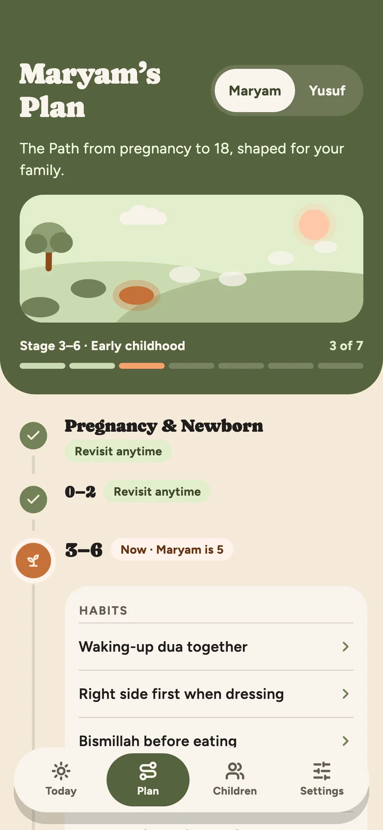 Rahmly Plan screen: Maryam’s Plan, a path illustration, Stage 3–6 Early childhood, 3 of 7, with Pregnancy & Newborn and 0–2 marked revisit anytime