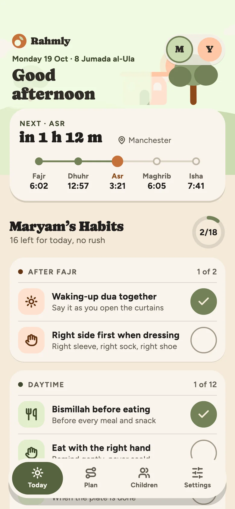 The Rahmly Today screen: Good afternoon, the next prayer, and today’s Habits for Maryam